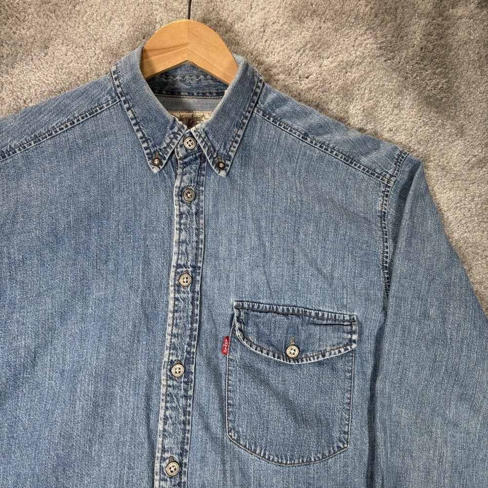 Vintage Levis Shirt Mens M Blue Denim Long Sleeve Button Up Red Tab Pockets 1997